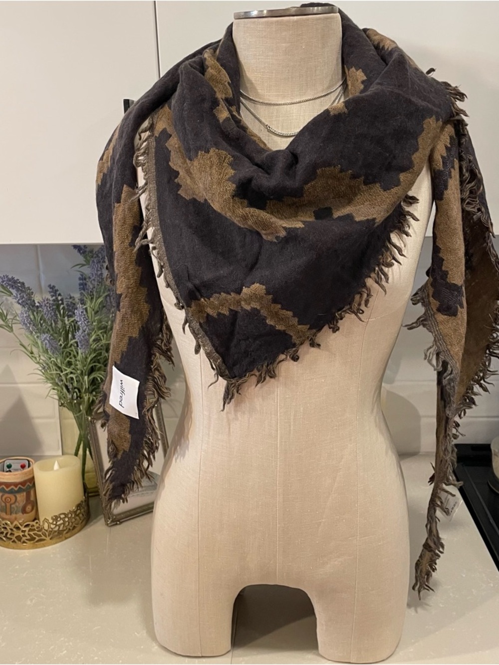 Wilfred Black & Brown Fringed Geometric Triangle Scarf (Aztec) Linen and Wool